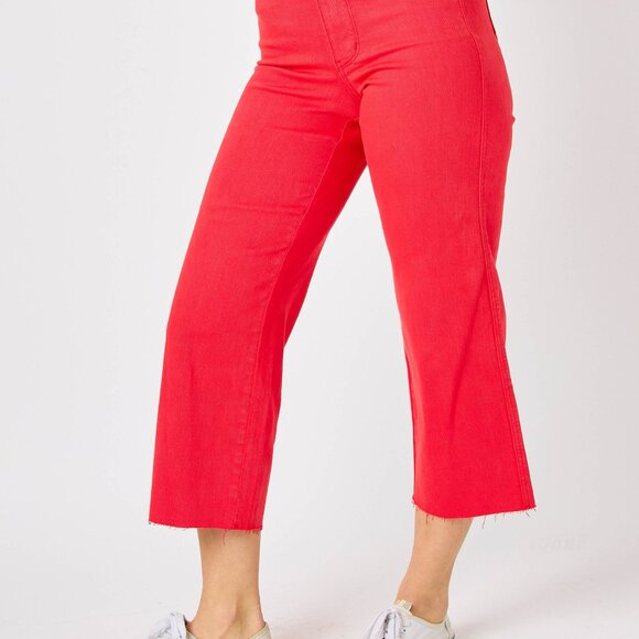 NWT Judy Blue High Waist Red Garment Dyed Tummy Control Crop Wide Leg - Picture 5 of 8